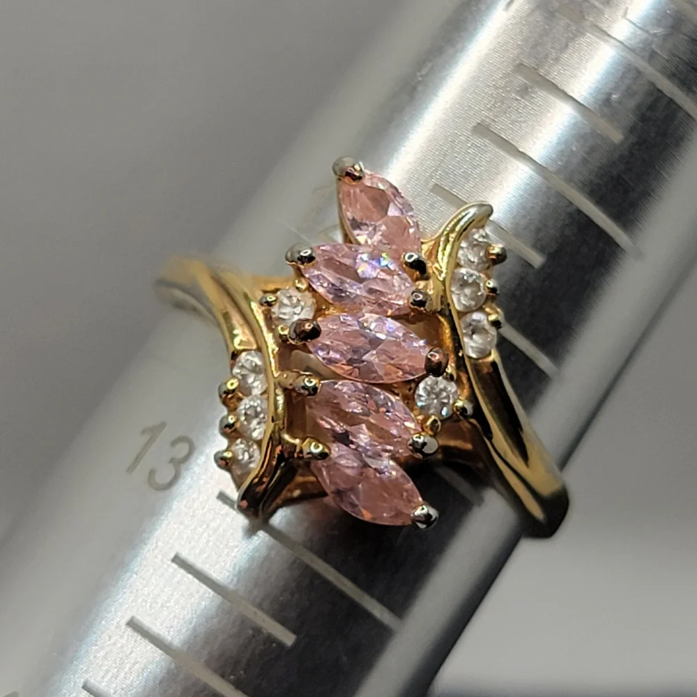 Vintage Bypass Marquise Pink Gem Simulated Diamond Gold Tone Ring - Picture 10 of 10